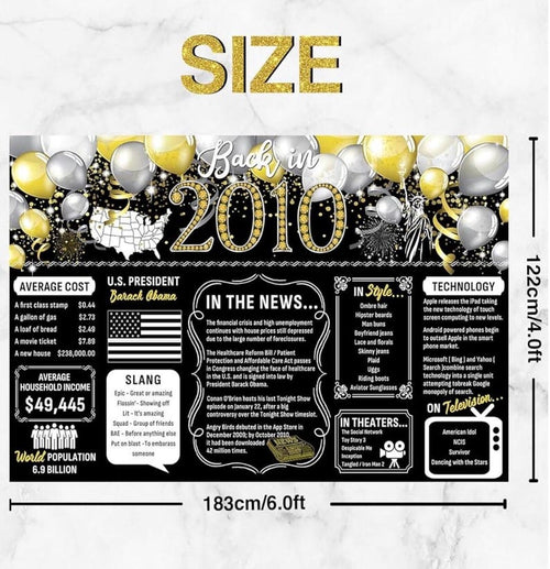 16th Birthday Black Gold Party Decoration Back in 2010 Backdrop Large Banner Birthday Party Poster Supplies Vintage 2010 Photography Back