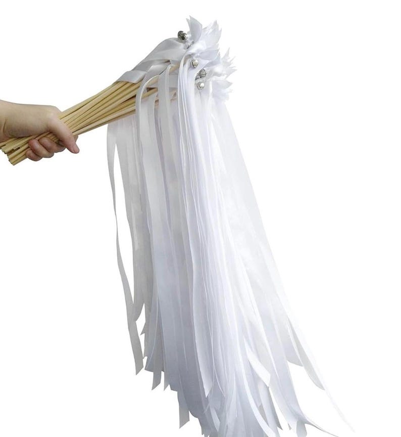 50PCS Ribbon Wands with Triple Ribbon and Silver Bell Party Wand Party Favors Streamers Ribbon Sticks Magic Fairy Wands for Wedding Decors