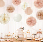 Champagne-Gold Beige-Peach Boho Party-Decorations Streamers 14pcs Fall Neutral Baby Shower Rustic Bohemian Wedding Paper Honeycomb Lanterns