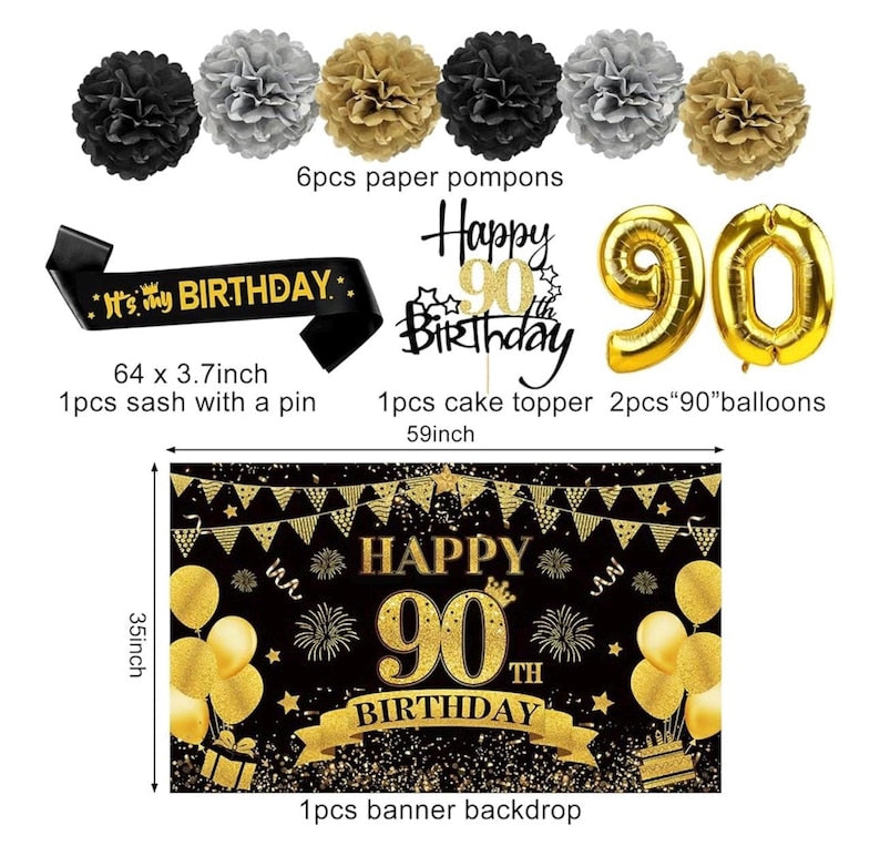 42PCS 90th Birthday Decoration Kit for Men Women, Black Gold Happy 90th Bday Banner Balloons Honeycomb Centerpiece Swirl Paper Pompoms Party