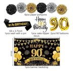 42PCS 90th Birthday Decoration Kit for Men Women, Black Gold Happy 90th Bday Banner Balloons Honeycomb Centerpiece Swirl Paper Pompoms Party