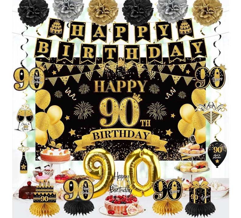 42PCS 90th Birthday Decoration Kit for Men Women, Black Gold Happy 90th Bday Banner Balloons Honeycomb Centerpiece Swirl Paper Pompoms Party