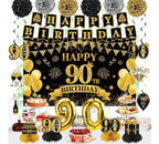 42PCS 90th Birthday Decoration Kit for Men Women, Black Gold Happy 90th Bday Banner Balloons Honeycomb Centerpiece Swirl Paper Pompoms Party
