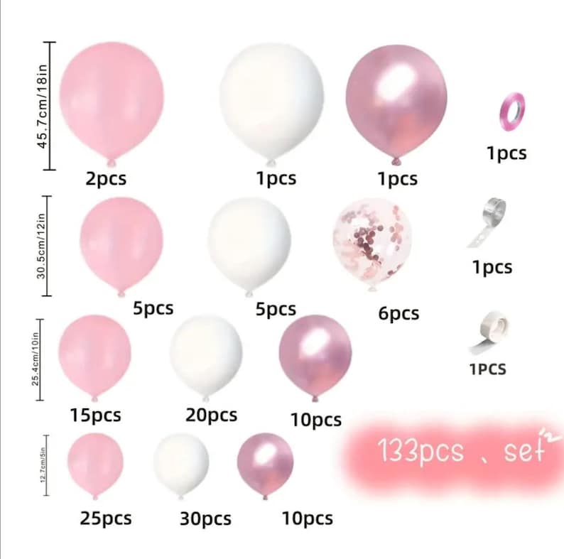 Pink White Balloons Garland Arch Kit 133 PCS Metallic Pink Gold Confetti Latex Balloons for Baby Girl Shower
