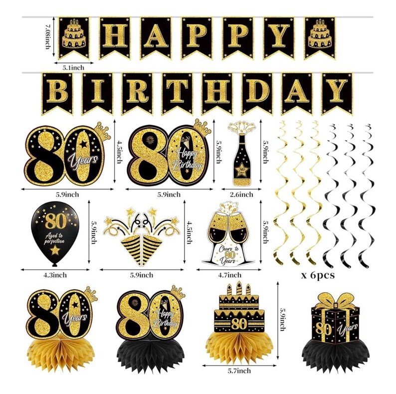42PCS 80th Birthday Decoration Kit for Men Women, Black Gold Happy 80th Bday Banner Balloons Honeycomb Centerpiece Swirl Paper Pompoms Party
