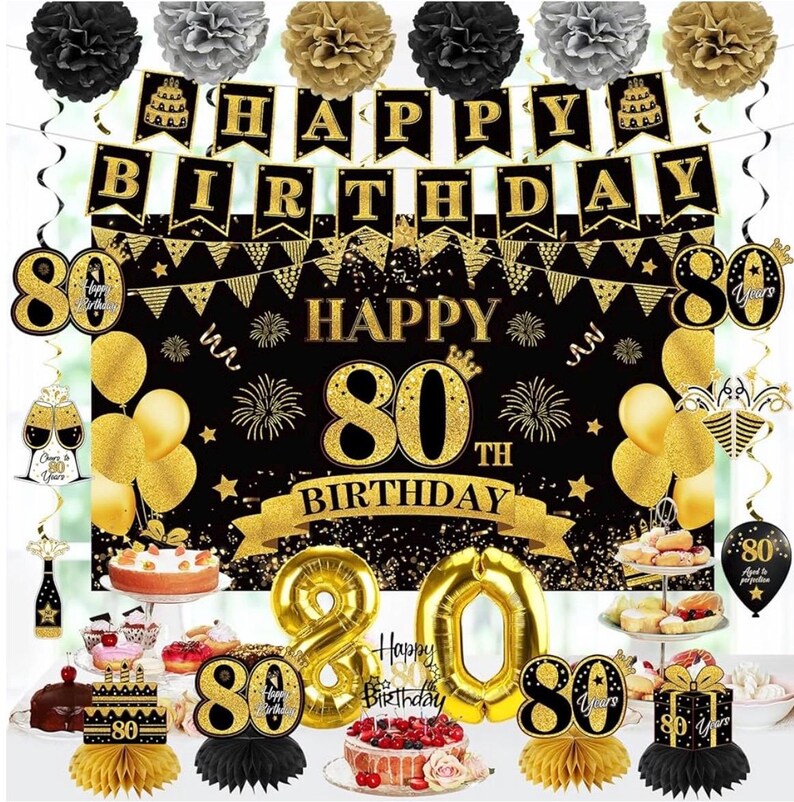 42PCS 80th Birthday Decoration Kit for Men Women, Black Gold Happy 80th Bday Banner Balloons Honeycomb Centerpiece Swirl Paper Pompoms Party
