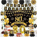 42PCS 80th Birthday Decoration Kit for Men Women, Black Gold Happy 80th Bday Banner Balloons Honeycomb Centerpiece Swirl Paper Pompoms Party
