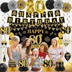42PCS 80th Birthday Decoration Kit for Men Women, Black Gold Happy 80th Bday Banner Balloons Honeycomb Centerpiece Swirl Paper Pompoms Party