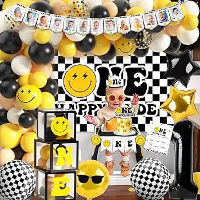 One Happy Dude 1st Birthday Party Decorations Party Supplies First Birthday Party Decoration for Boy Black and Yellow Theme Backdrop Balloon
