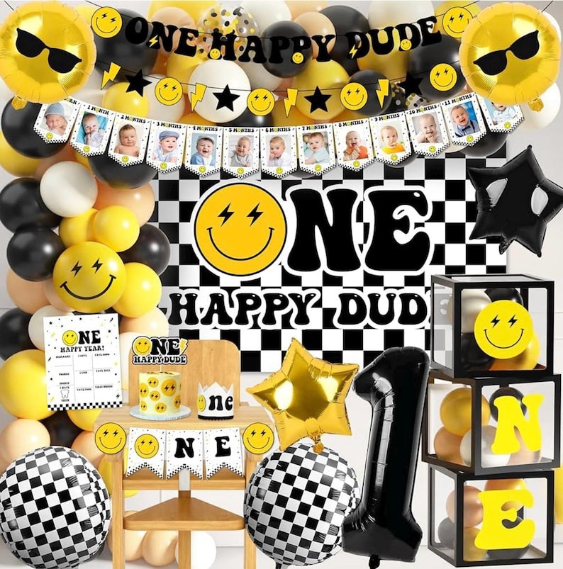 One Happy Dude 1st Birthday Party Decorations Party Supplies First Birthday Party Decoration for Boy Black and Yellow Theme Backdrop Balloon