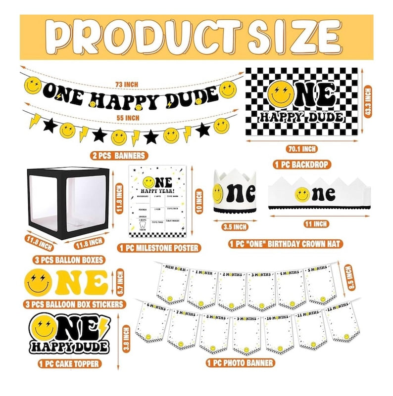 One Happy Dude 1st Birthday Party Decorations Party Supplies First Birthday Party Decoration for Boy Black and Yellow Theme Backdrop Balloon