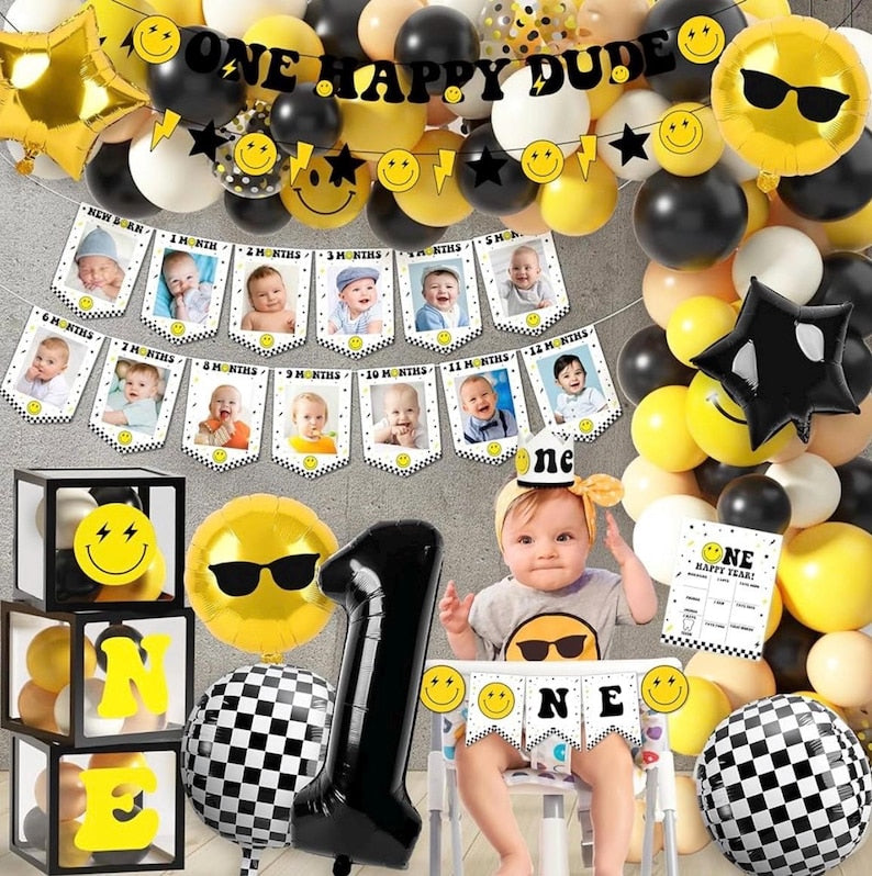 One Happy Dude 1st Birthday Party Decorations Party Supplies First Birthday Party Decoration for Boy Black and Yellow Theme Backdrop Balloon