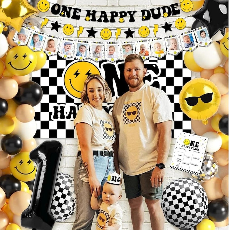 One Happy Dude 1st Birthday Party Decorations Party Supplies First Birthday Party Decoration for Boy Black and Yellow Theme Backdrop Balloon