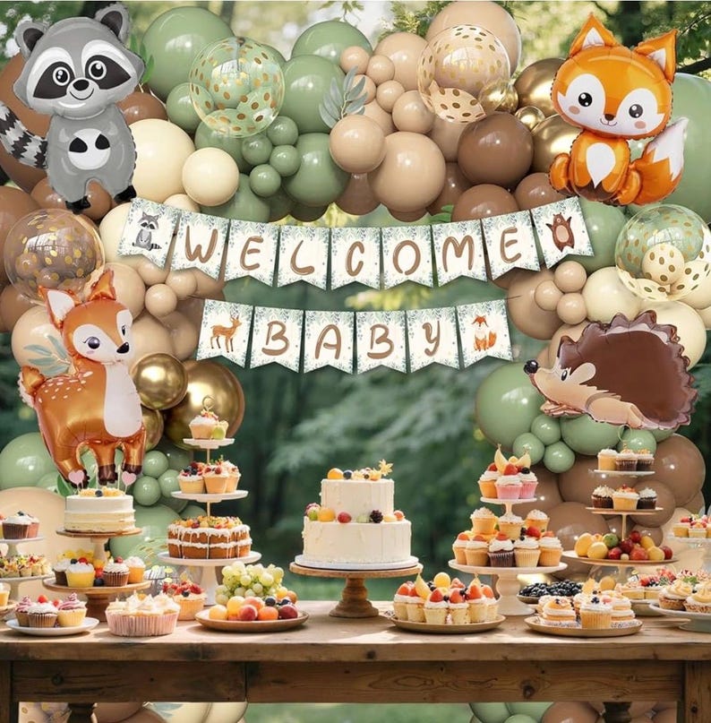 167Pcs Woodland Animals Baby Shower Decorations, Woodland Balloon Garland Arch Kit with Welcome Baby Banner Sage Green Brown Neutral Forest
