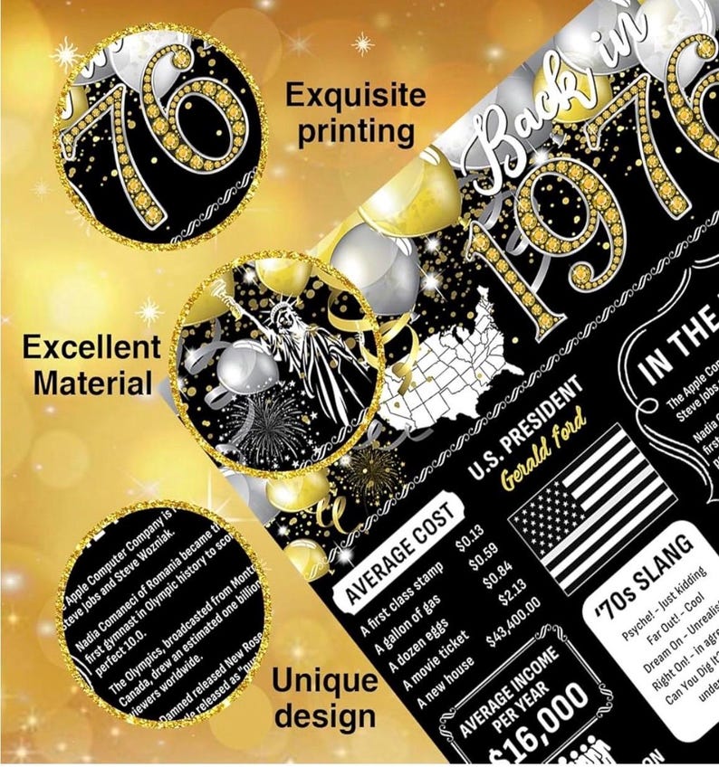 50th Birthday Black Gold Party Decoration Back in 1976 Backdrop Large Banner Birthday Party Poster Supplies Vintage 1976 Photography Back