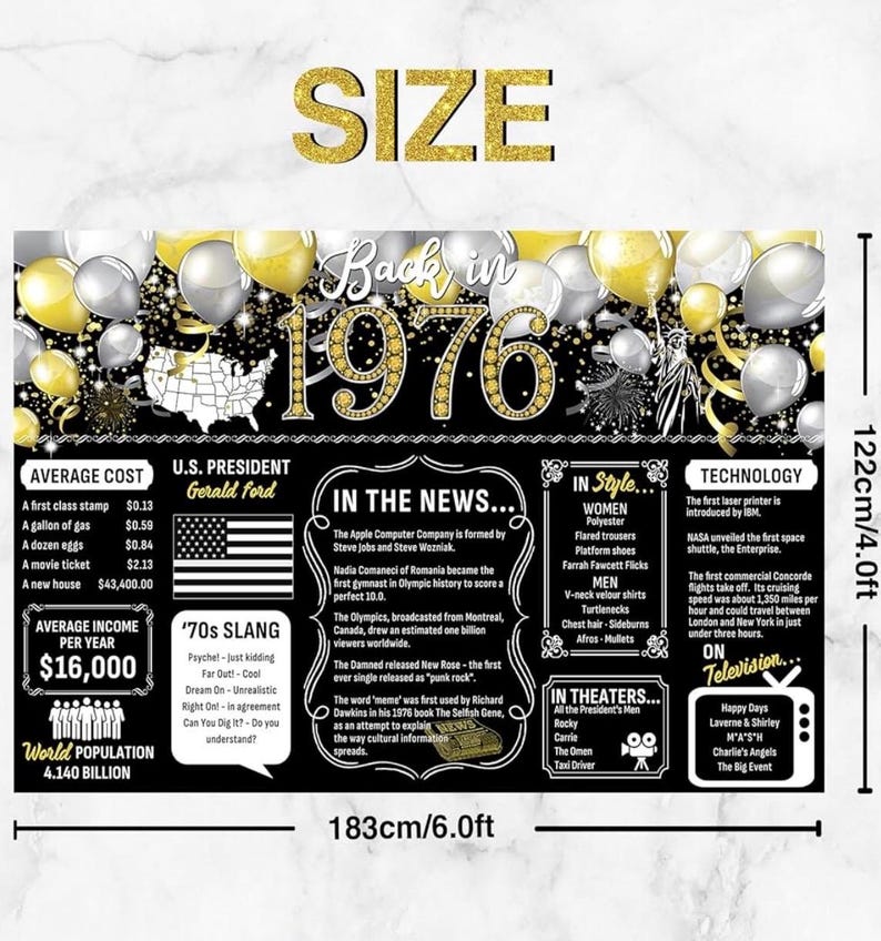 50th Birthday Black Gold Party Decoration Back in 1976 Backdrop Large Banner Birthday Party Poster Supplies Vintage 1976 Photography Back