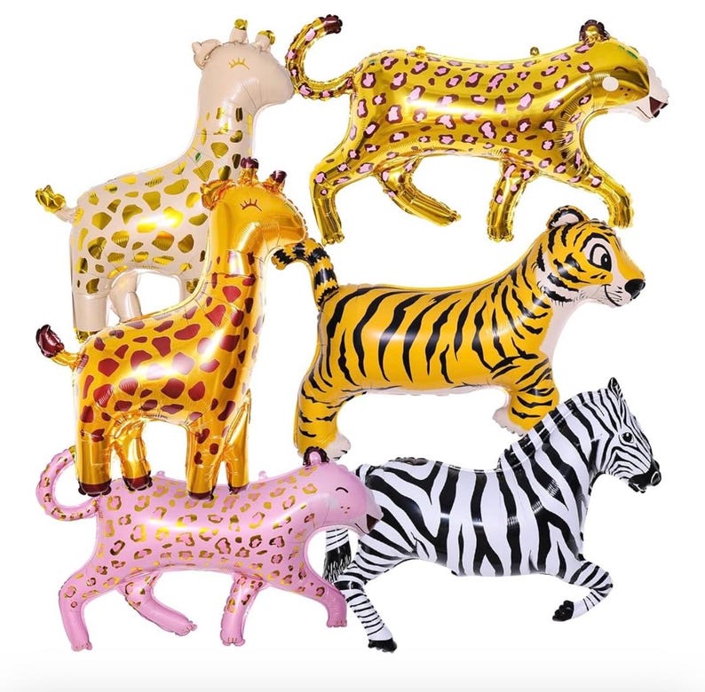 6Pcs Giant Jungle Safari Animals Balloons,Large Zebra Giraffe Leopard Cheetah Tiger Foil Balloons For Wild One Safari Zoo Jungle Theme Party