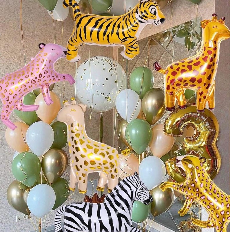6Pcs Giant Jungle Safari Animals Balloons,Large Zebra Giraffe Leopard Cheetah Tiger Foil Balloons For Wild One Safari Zoo Jungle Theme Party