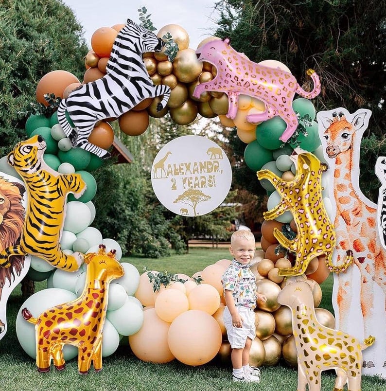 6Pcs Giant Jungle Safari Animals Balloons,Large Zebra Giraffe Leopard Cheetah Tiger Foil Balloons For Wild One Safari Zoo Jungle Theme Party