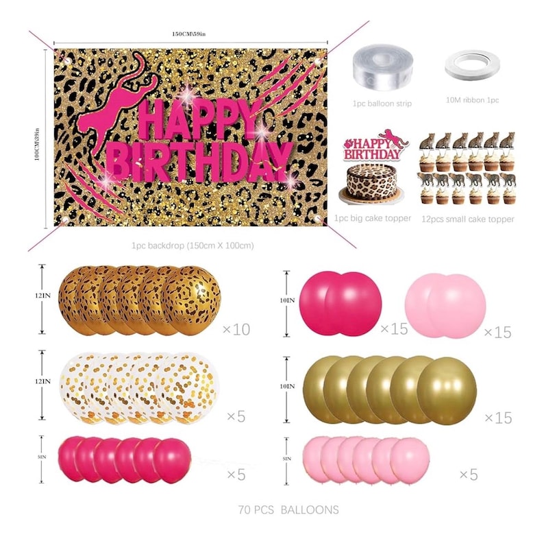Pink Leopard Print Birthday Party Decorations Set for Women – Balloons Arch Garland Suitable for Girls