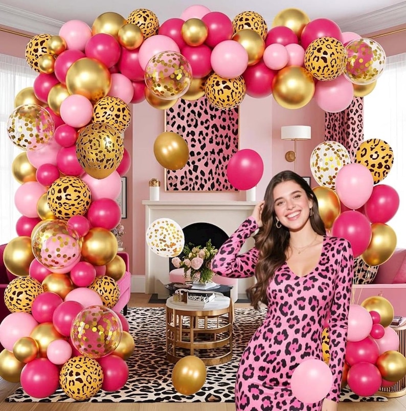 Pink Leopard Print Birthday Party Decorations Set for Women – Balloons Arch Garland Suitable for Girls