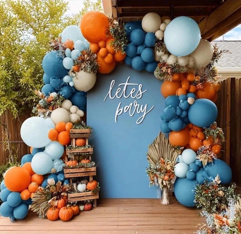 Blue Orange Balloon Arch Double Stuffed Latex Orange Sand White Balloons Light Blue White Balloon Garland for Birthday Fall Baby Shower