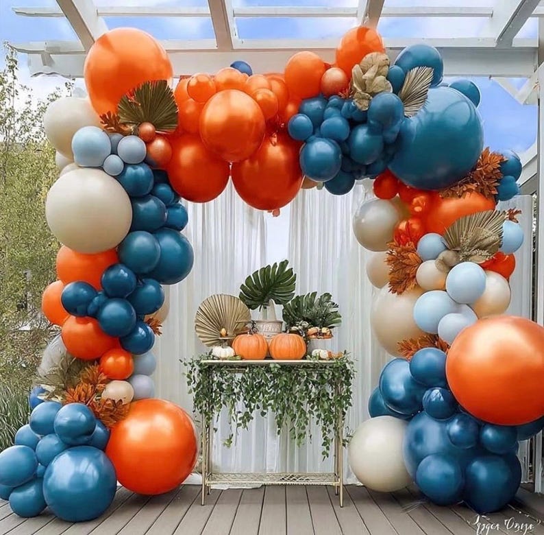 Blue Orange Balloon Arch Double Stuffed Latex Orange Sand White Balloons Light Blue White Balloon Garland for Birthday Fall Baby Shower