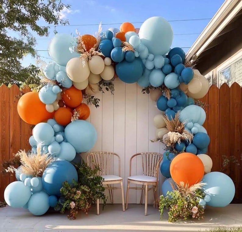Blue Orange Balloon Arch Double Stuffed Latex Orange Sand White Balloons Light Blue White Balloon Garland for Birthday Fall Baby Shower