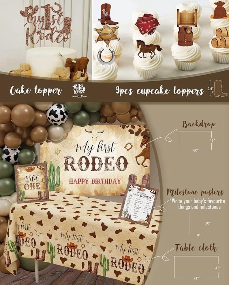 Western Cowboy 1st Birthday Decorations, My First Rodeo Birthday Party Supplies, Cowboy Balloon Arch Backdrop High Chair Banner ONE Boxes