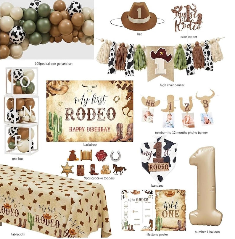 Western Cowboy 1st Birthday Decorations, My First Rodeo Birthday Party Supplies, Cowboy Balloon Arch Backdrop High Chair Banner ONE Boxes