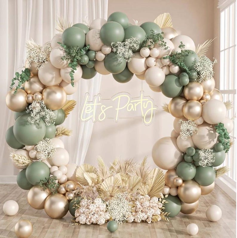 130Pcs Sage Green Gold Balloon Garland Arch Kit with Sage Green Sand White Gold Balloons for Baby Shower Bridal Shower Birthday Engagement