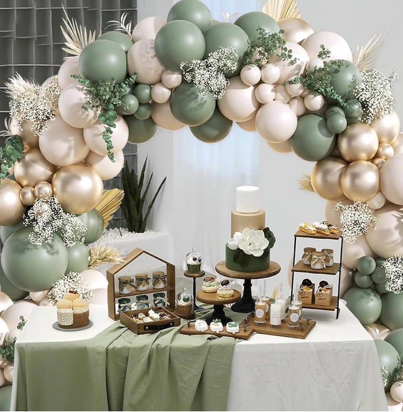 130Pcs Sage Green Gold Balloon Garland Arch Kit with Sage Green Sand White Gold Balloons for Baby Shower Bridal Shower Birthday Engagement
