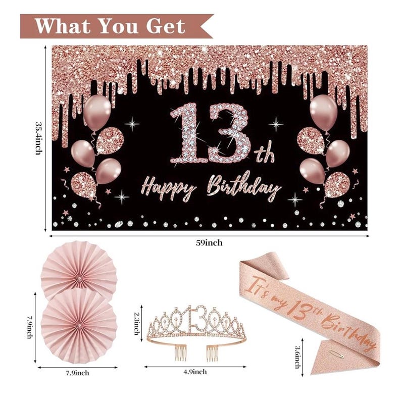 13th Birthday Decorations for Girls,33pcs It's My 13th Birthday Crown and Sash, Black Rose Gold 13 th Banner Balloons Backdrop Hanging Swirl