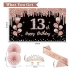 13th Birthday Decorations for Girls,33pcs It's My 13th Birthday Crown and Sash, Black Rose Gold 13 th Banner Balloons Backdrop Hanging Swirl