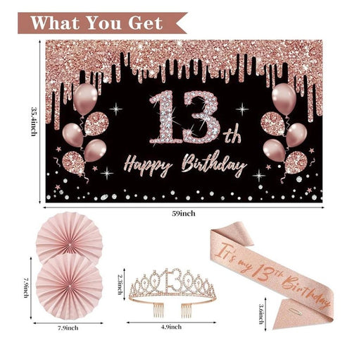 13th Birthday Decorations for Girls,33pcs It's My 13th Birthday Crown and Sash, Black Rose Gold 13 th Banner Balloons Backdrop Hanging Swirl