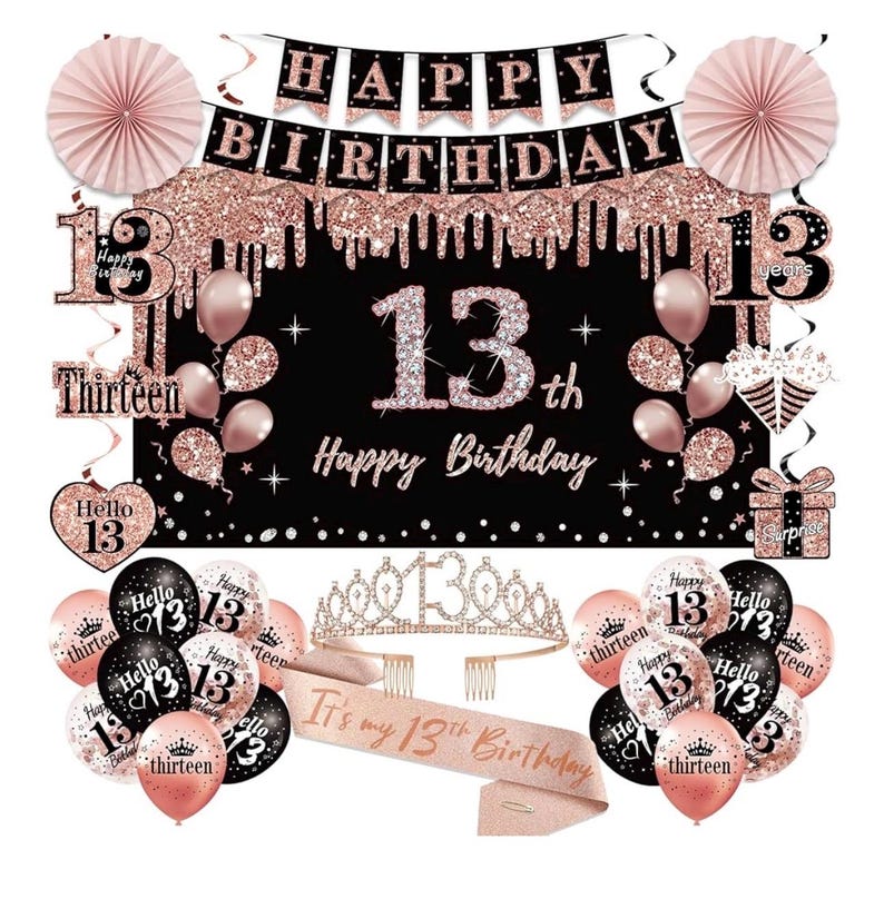 13th Birthday Decorations for Girls,33pcs It's My 13th Birthday Crown and Sash, Black Rose Gold 13 th Banner Balloons Backdrop Hanging Swirl