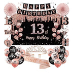 13th Birthday Decorations for Girls,33pcs It's My 13th Birthday Crown and Sash, Black Rose Gold 13 th Banner Balloons Backdrop Hanging Swirl