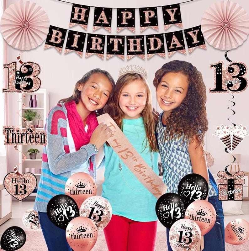 13th Birthday Decorations for Girls,33pcs It's My 13th Birthday Crown and Sash, Black Rose Gold 13 th Banner Balloons Backdrop Hanging Swirl