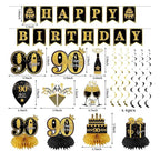 42PCS 90th Birthday Decoration Kit for Men Women, Black Gold Happy 90th Bday Banner Balloons Honeycomb Centerpiece Swirl Paper Pompoms Party