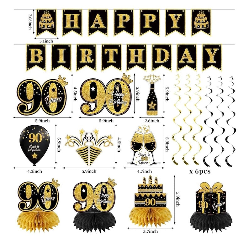 42PCS 90th Birthday Decoration Kit for Men Women, Black Gold Happy 90th Bday Banner Balloons Honeycomb Centerpiece Swirl Paper Pompoms Party