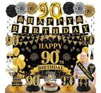 42PCS 90th Birthday Decoration Kit for Men Women, Black Gold Happy 90th Bday Banner Balloons Honeycomb Centerpiece Swirl Paper Pompoms Party