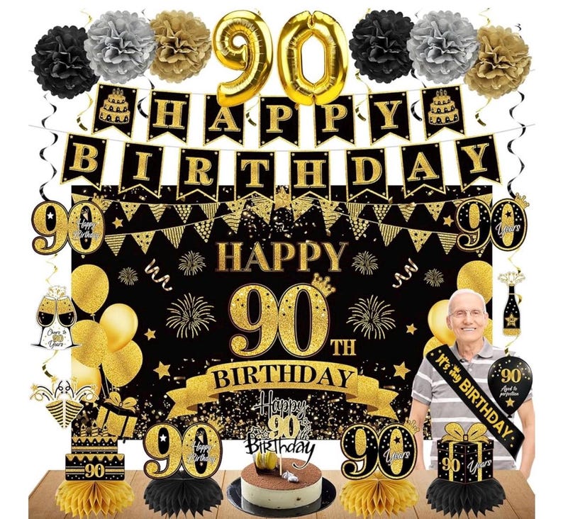 42PCS 90th Birthday Decoration Kit for Men Women, Black Gold Happy 90th Bday Banner Balloons Honeycomb Centerpiece Swirl Paper Pompoms Party