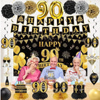 42PCS 90th Birthday Decoration Kit for Men Women, Black Gold Happy 90th Bday Banner Balloons Honeycomb Centerpiece Swirl Paper Pompoms Party
