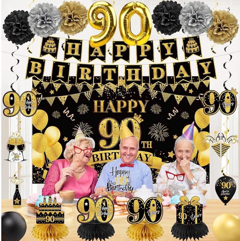 42PCS 90th Birthday Decoration Kit for Men Women, Black Gold Happy 90th Bday Banner Balloons Honeycomb Centerpiece Swirl Paper Pompoms Party
