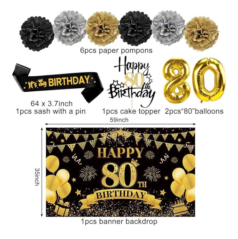 42PCS 80th Birthday Decoration Kit for Men Women, Black Gold Happy 80th Bday Banner Balloons Honeycomb Centerpiece Swirl Paper Pompoms Party