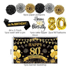 42PCS 80th Birthday Decoration Kit for Men Women, Black Gold Happy 80th Bday Banner Balloons Honeycomb Centerpiece Swirl Paper Pompoms Party