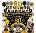 42PCS 80th Birthday Decoration Kit for Men Women, Black Gold Happy 80th Bday Banner Balloons Honeycomb Centerpiece Swirl Paper Pompoms Party