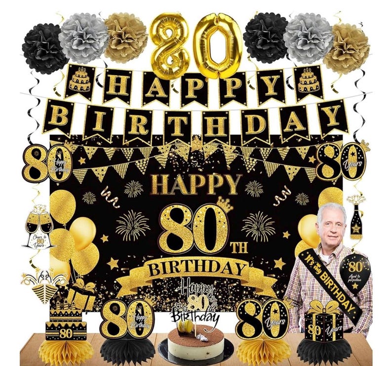 42PCS 80th Birthday Decoration Kit for Men Women, Black Gold Happy 80th Bday Banner Balloons Honeycomb Centerpiece Swirl Paper Pompoms Party