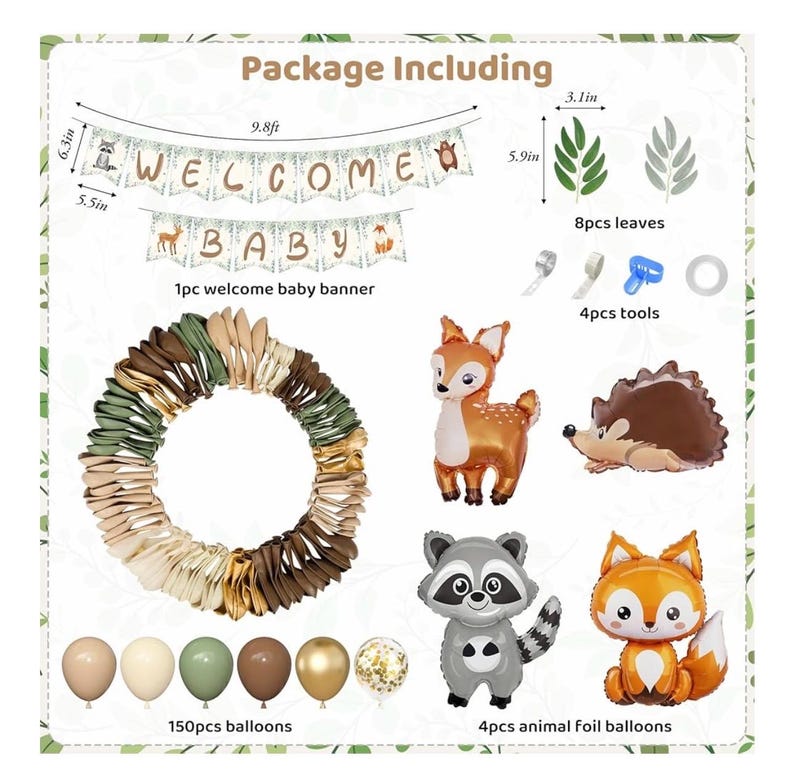 167Pcs Woodland Animals Baby Shower Decorations, Woodland Balloon Garland Arch Kit with Welcome Baby Banner Sage Green Brown Neutral Forest
