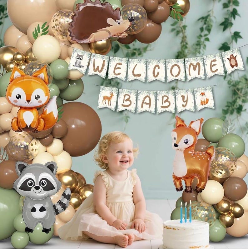 167Pcs Woodland Animals Baby Shower Decorations, Woodland Balloon Garland Arch Kit with Welcome Baby Banner Sage Green Brown Neutral Forest